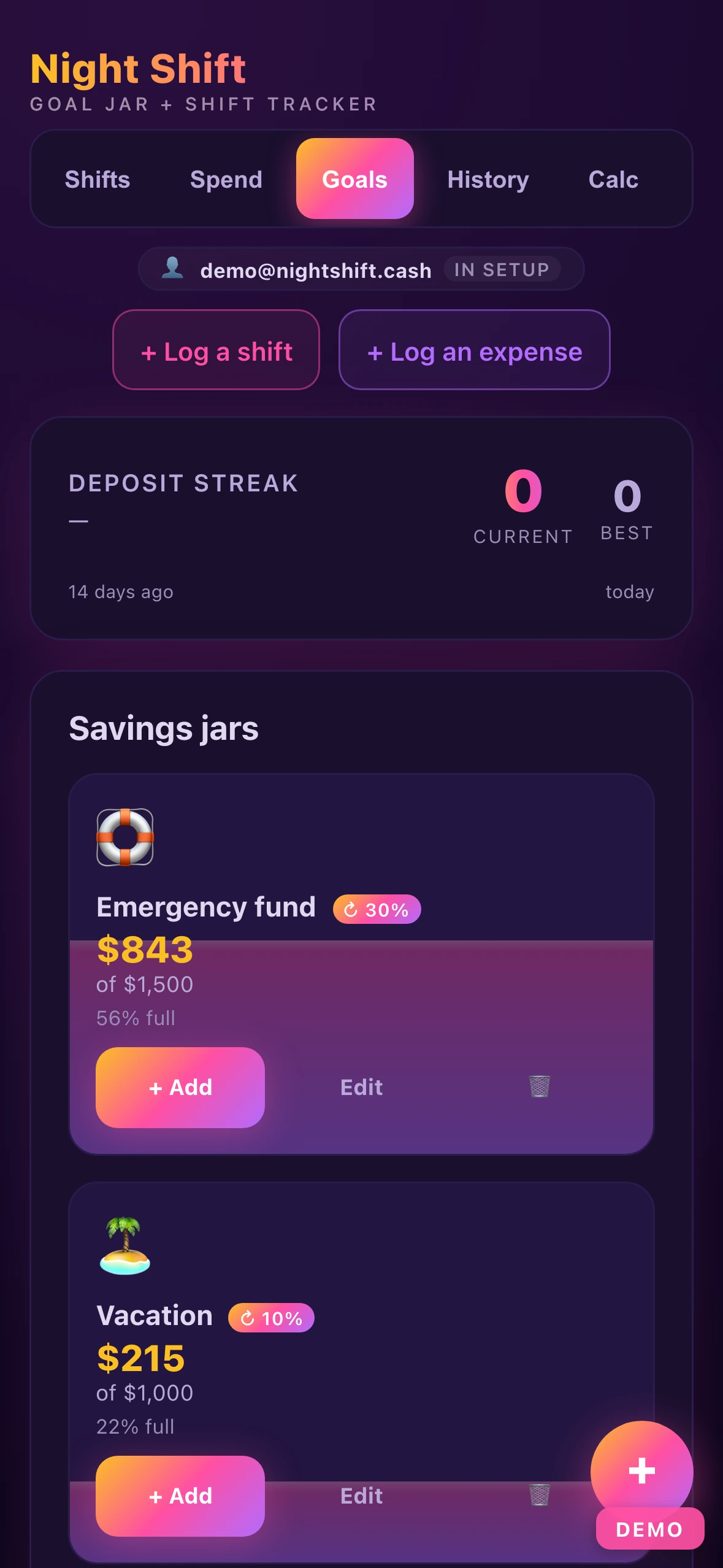 Savings jars filling up on the Goals tab