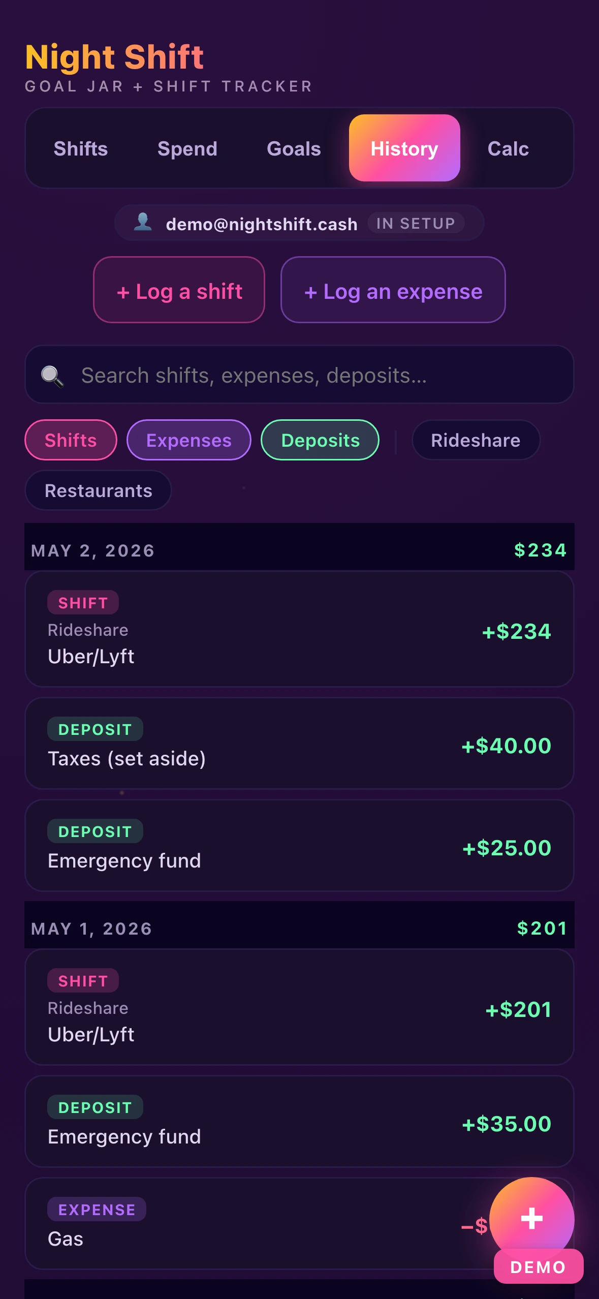 History tab listing past shifts with search and filters