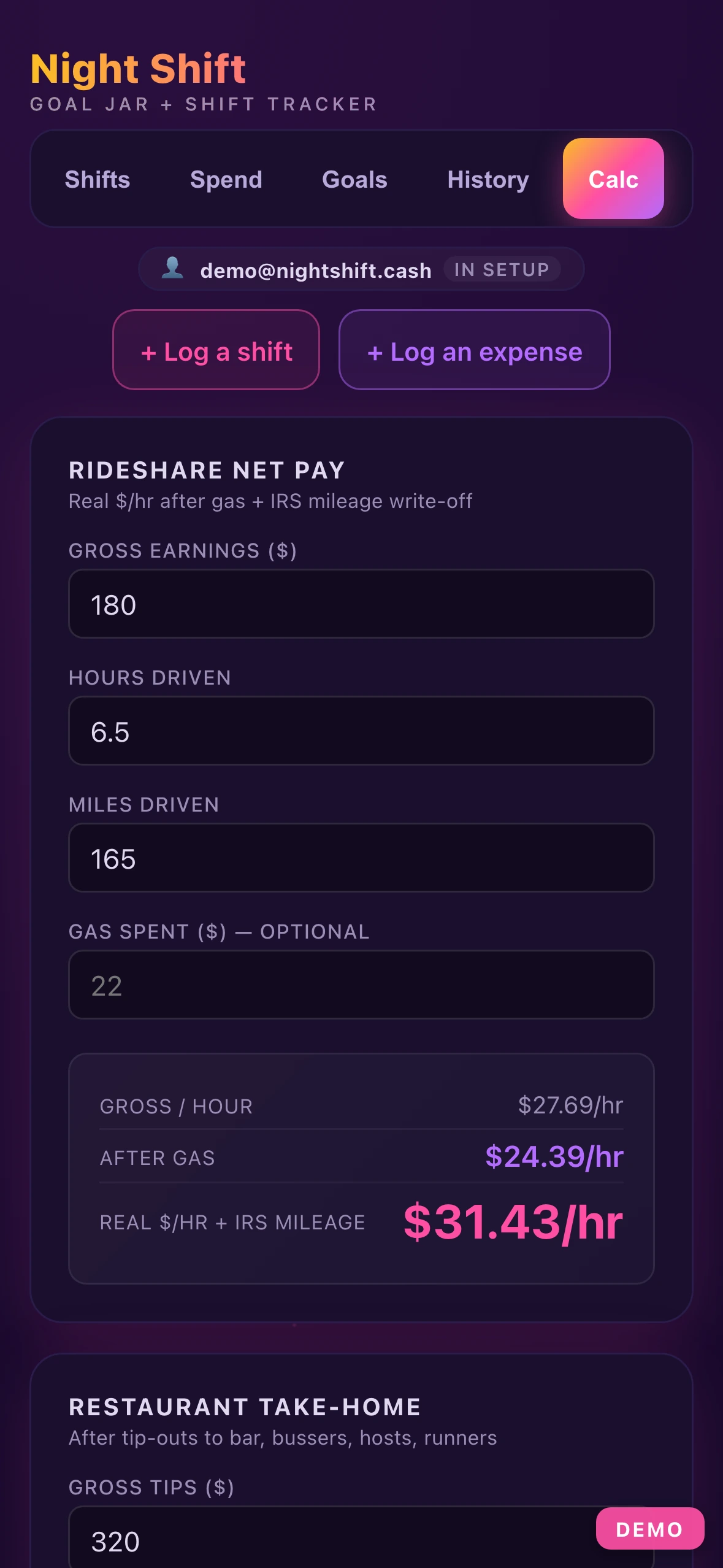Calculators tab showing tax set-aside, rideshare, restaurant calculators