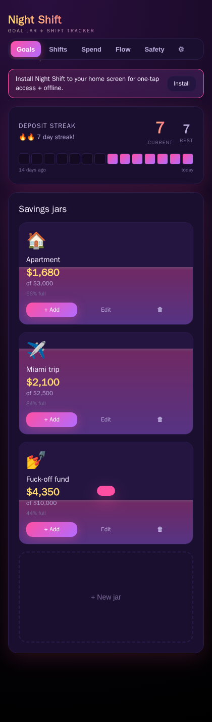 Savings jars filling up on the Goals tab