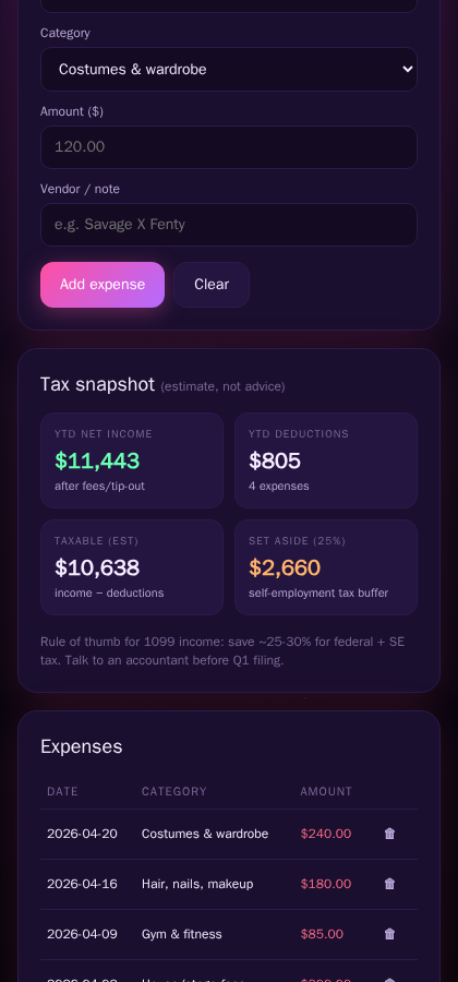 Tax snapshot showing $2,660 set-aside